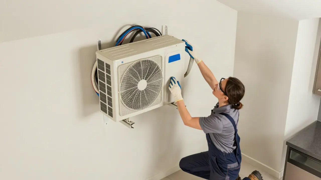 Mini Split Frozen Coil Repair in Buena Park, California: HVAC technician is checking the air filter inside a wall-mounted