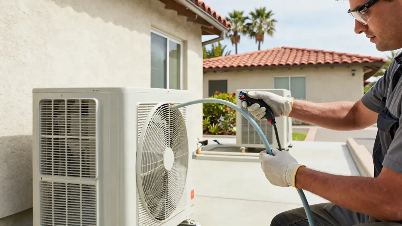 Mini Split Repair in Buena Park, California: close-up of an HVAC technician's hands using a specialized tool to bend a