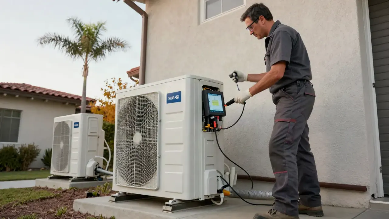 Mini Split Error Code Diagnostics in Buena Park, California: HVAC technician is using a specialized diagnostic tool