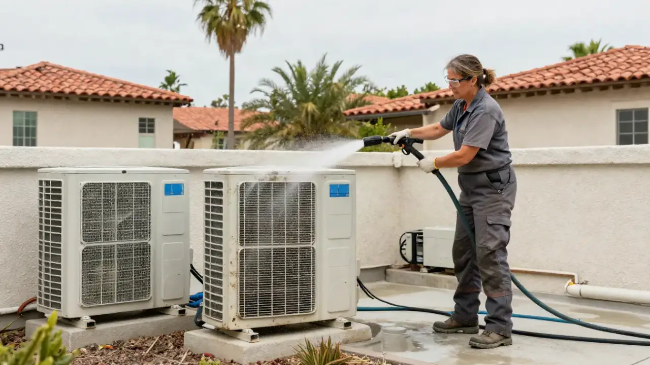 Mini Split Cleaning & Maintenance in Buena Park, California: HVAC technician is rinsing the outdoor condenser coil with a